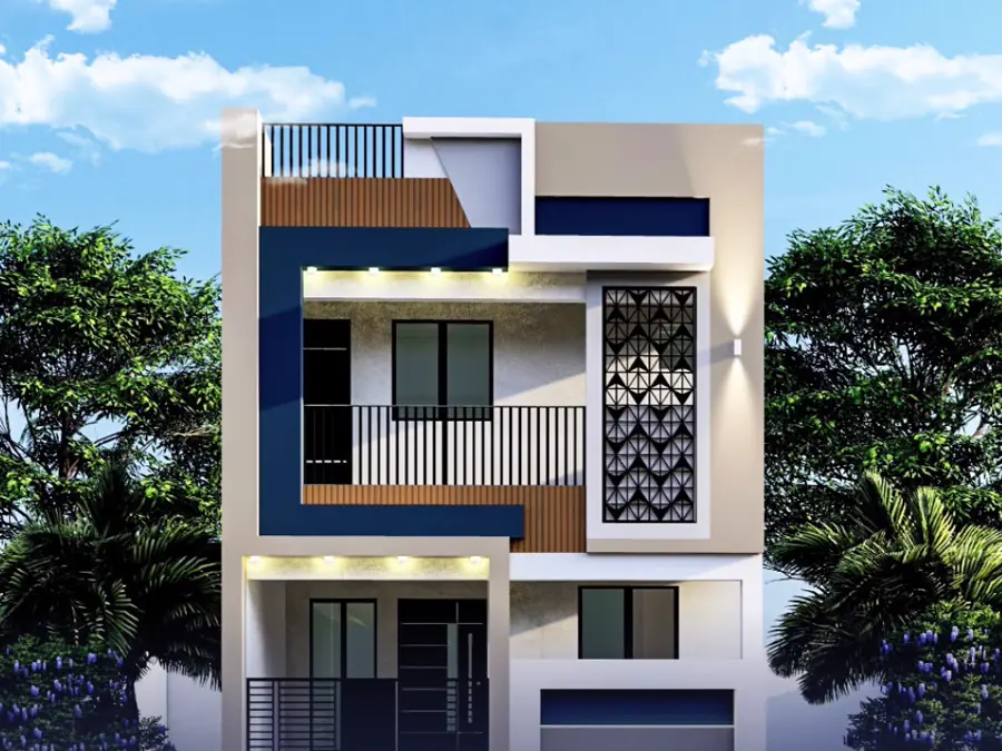 Modern 3BHK residence front elevation framed by trees