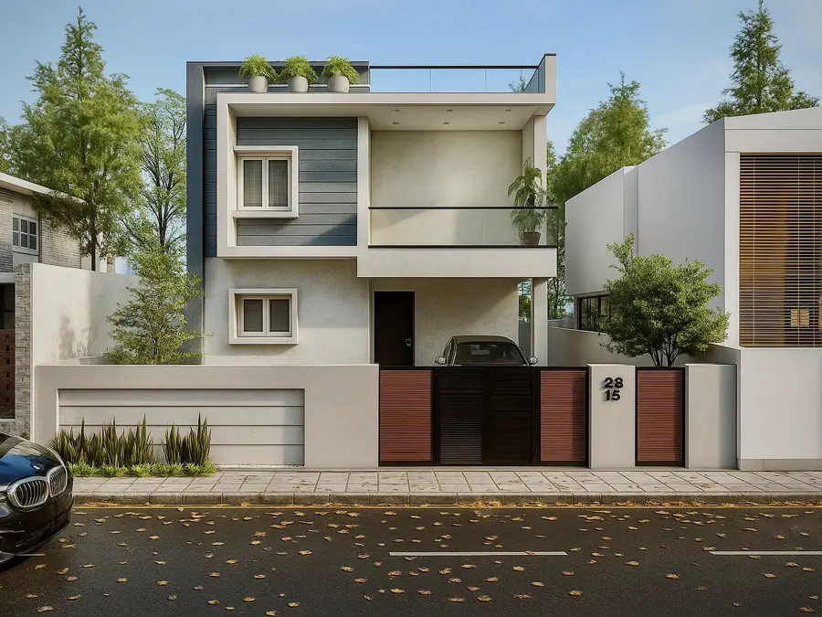Contemporary two-storey family home with compound wall and car porch
