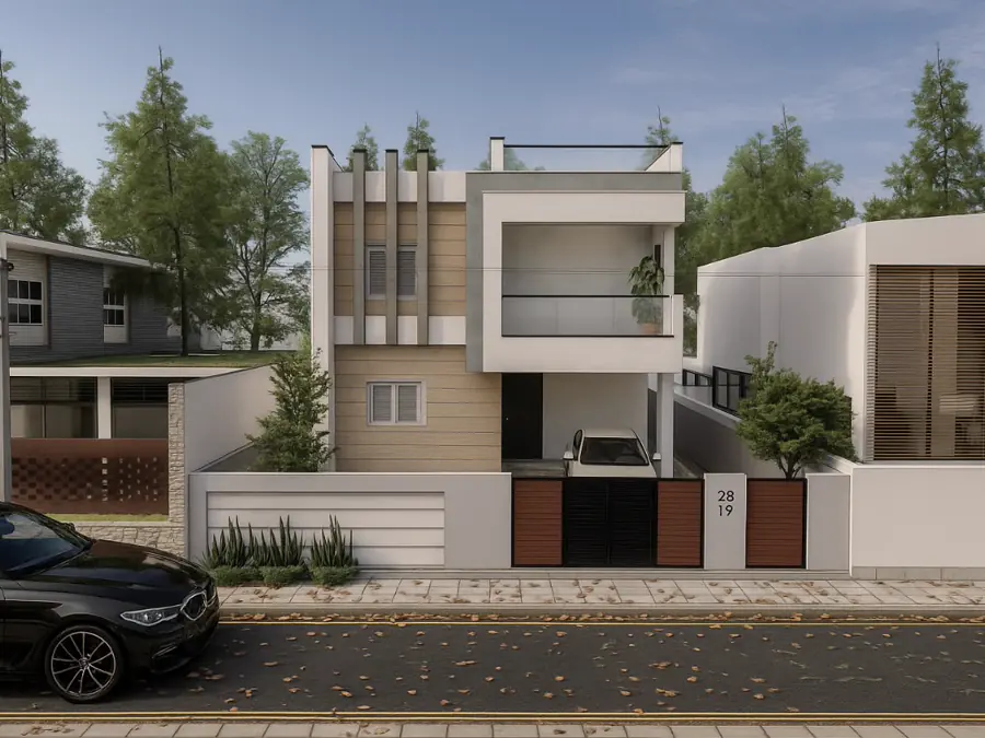 Duplex villa front elevation with timber cladding