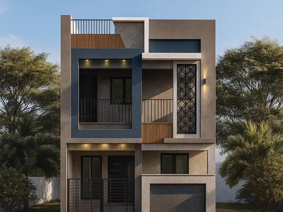 Compact urban home elevation in grey and blue