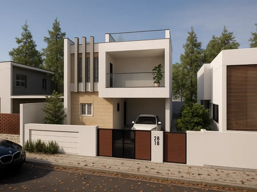 Duplex villa seen from the street with car porch